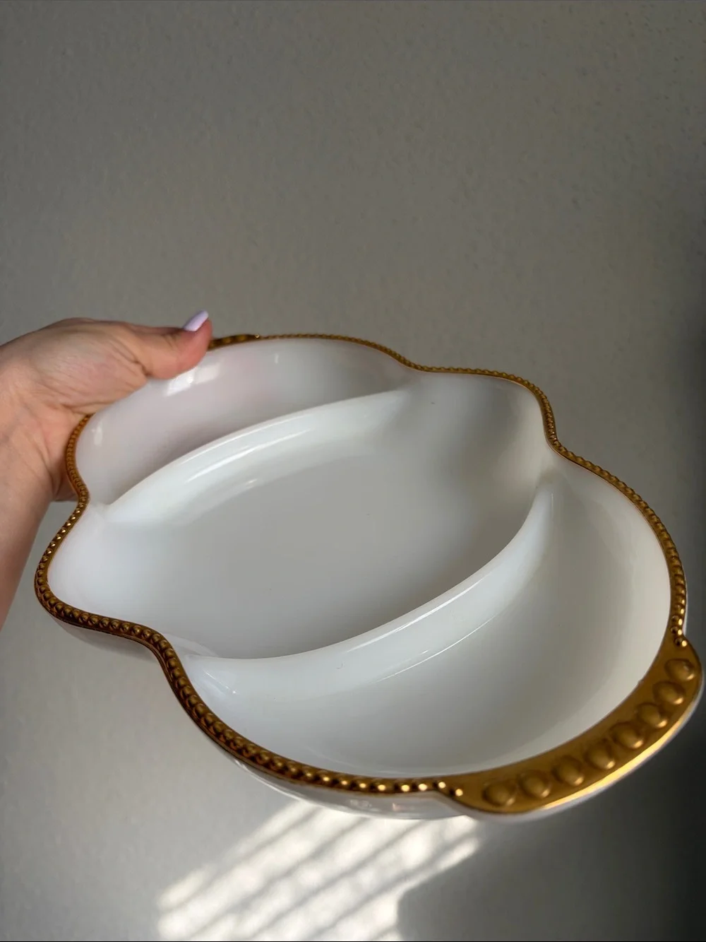 Fire King Vintage Milk Glass Divided Serving Relish Dish with 22k Gold Trin